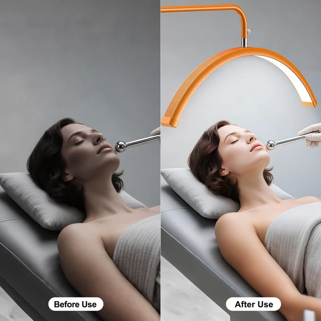 Alt view image 5 of 7 - Half Moon Lash Light - Adjustable LED Floor Lash Lamp with 4X Magnifier & Phone Holder for Eyelash Extensions,Nail Art,Tattoo,Skincare,Salon SPA-Dimmable Brightness,Rotating Head, Orange