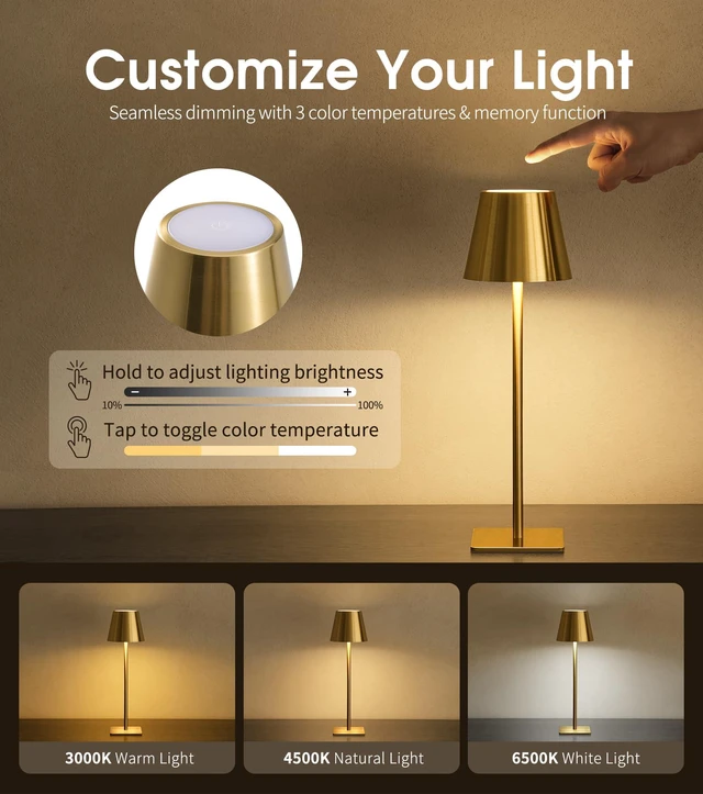 Alt view image 3 of 7 - 6 Pack Cordless Table Lamp, Battery Operated Lamp - Portable Waterproof Rechargeable Table Lamp w/ 3 Color Temps & Stepless Dimming for Dinner, Desk, Cafe, Outdoor (Brushed Gold)