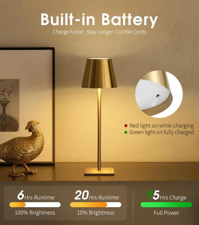 Alt view image 5 of 7 - 6 Pack Cordless Table Lamp, Battery Operated Lamp - Portable Waterproof Rechargeable Table Lamp w/ 3 Color Temps & Stepless Dimming for Dinner, Desk, Cafe, Outdoor (Brushed Gold)