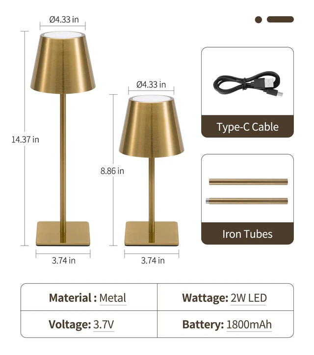 Alt view image 6 of 7 - 6 Pack Cordless Table Lamp, Battery Operated Lamp - Portable Waterproof Rechargeable Table Lamp w/ 3 Color Temps & Stepless Dimming for Dinner, Desk, Cafe, Outdoor (Brushed Gold)