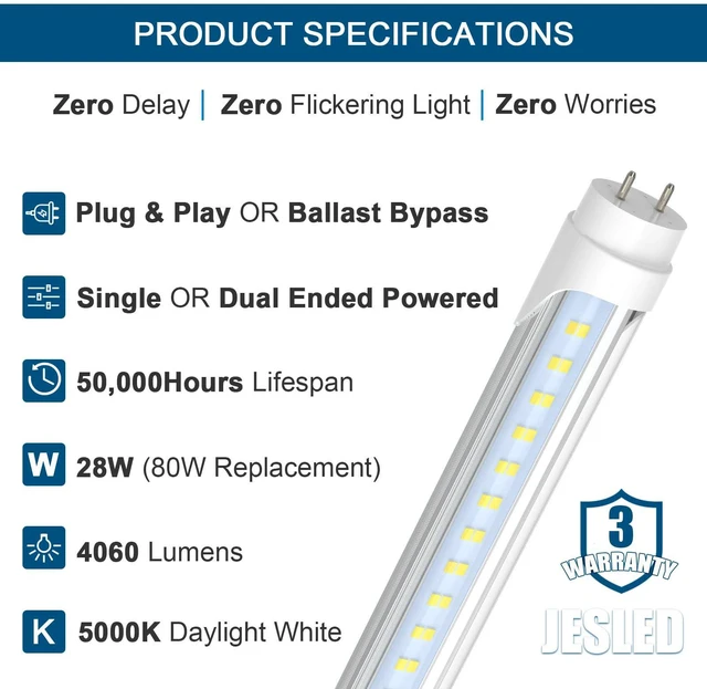 Alt view image 2 of 7 - 4FT LED T8 Type A+B Tube Lights, 28W(80W Equivalent), 4060LM, 5000K Single or Double End Powered, Plug and Play or Ballast Bypass, 4 Foot T10 T12 Fluorescent Bulbs Replacement, Clear(12-Pack)