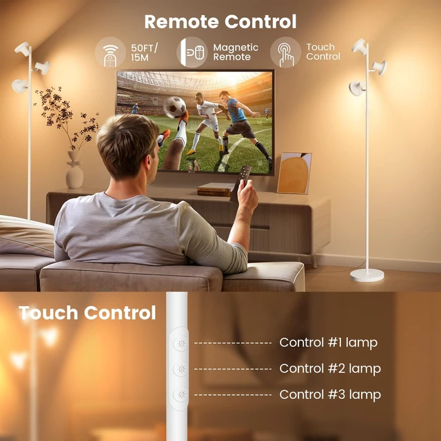 Alt view image 6 of 7 - 36W LED Tree Floor Lamp, Modern Dimmable Standing Lamp with Remote & Touch Control, 4 Color Temperatures, 3 Rotatable LED Light Floor Lamps for Living Room, Bedroom, Office