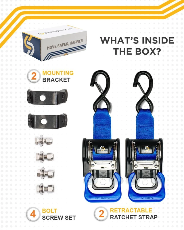 Alt view image 6 of 6 - 2PCS Stainless Steel Retractable Ratchet Straps (1 7/8 in x 4 ft) Transom Tie Downs for Boat Trailer - Extra Mounting Brackets & Bolt Set, Safety Latch S-Hook, Break Strength 1,650LB/750KG
