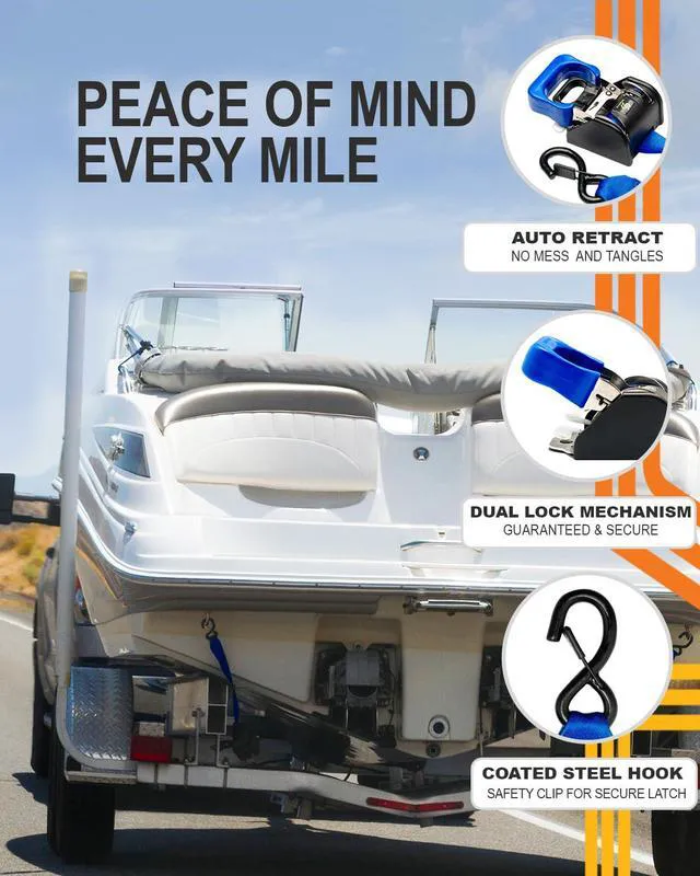 Alt view image 5 of 6 - 2PCS Stainless Steel Retractable Ratchet Straps (1 7/8 in x 4 ft) Transom Tie Downs for Boat Trailer - Extra Mounting Brackets & Bolt Set, Safety Latch S-Hook, Break Strength 1,650LB/750KG