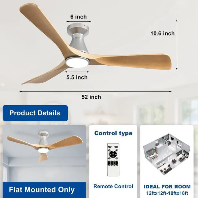 Alt view image 4 of 7 - 52-Inch Ceiling Fans with Lights: Wood 3 Blade Flush Mount Low Profile Ceiling Fan for Bedroom - Dimmable Indoor Outdoor Fan with Remote Control Ultra Quiet DC Motor Timer