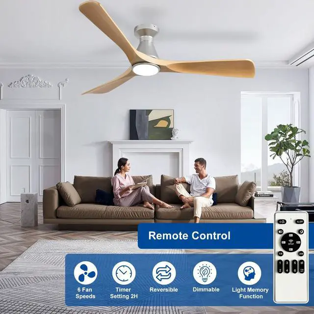 Alt view image 6 of 7 - 52-Inch Ceiling Fans with Lights: Wood 3 Blade Flush Mount Low Profile Ceiling Fan for Bedroom - Dimmable Indoor Outdoor Fan with Remote Control Ultra Quiet DC Motor Timer