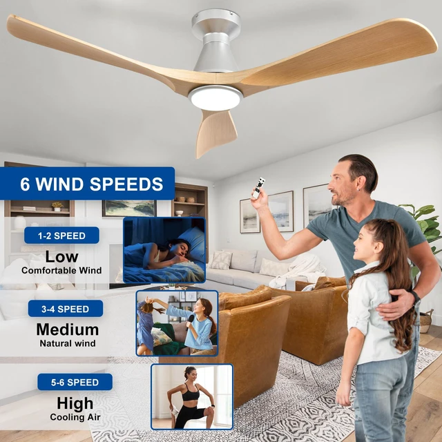 Alt view image 3 of 7 - 52-Inch Ceiling Fans with Lights: Wood 3 Blade Flush Mount Low Profile Ceiling Fan for Bedroom - Dimmable Indoor Outdoor Fan with Remote Control Ultra Quiet DC Motor Timer