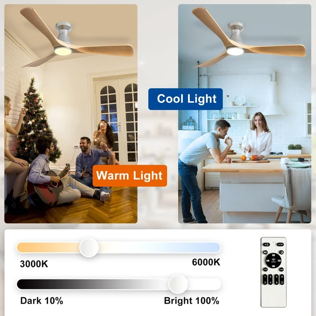 Alt view image 7 of 7 - 52-Inch Ceiling Fans with Lights: Wood 3 Blade Flush Mount Low Profile Ceiling Fan for Bedroom - Dimmable Indoor Outdoor Fan with Remote Control Ultra Quiet DC Motor Timer