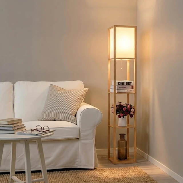 Alt view image 6 of 7 - Maxwell - Modern Shelf Floor Lamp with Lamp Shade & Warm White LED Bulb, Corner Display Floor Lamp with Shelves for Living Room, Bedroom, Nightstand Office, Home Decor Storage - Natural Wood