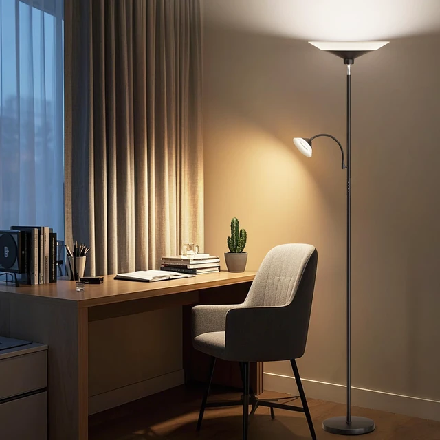 Alt view image 7 of 7 - Upgraded 2-in-1 Torchiere Floor Lamp, Dimmable Standing Lamp with Remote&Button Control, 34W Brightness Adjustable Floor Reading Light, Black Modern Corner Lamp for Living Room Bedroom Office