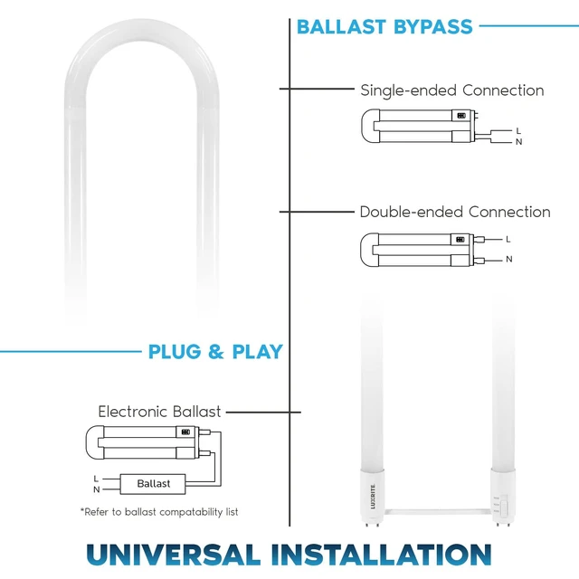 Alt view image 3 of 7 - U Bend LED Tube Light, T8 T12, 17.5W (32W Equivalent), 3CCT, 4 Pack 3500K 4000K 5000K, 2100 Lumens, Fluorescent Light Tube Replacement, Direct or Ballast Bypass, UL Certified, G13 Base