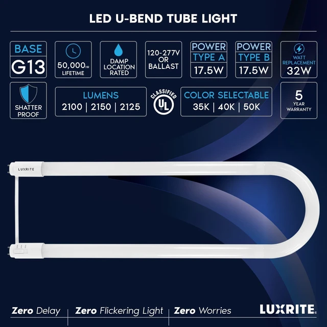 Alt view image 7 of 7 - U Bend LED Tube Light, T8 T12, 17.5W (32W Equivalent), 3CCT, 4 Pack 3500K 4000K 5000K, 2100 Lumens, Fluorescent Light Tube Replacement, Direct or Ballast Bypass, UL Certified, G13 Base