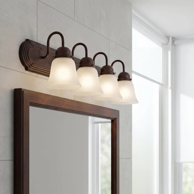 Alt view image 2 of 7 - 4-Light Bathroom Vanity Light, Tannery Bronze Traditional vanity light with satin etched glass for bathroom mirrors (30" x 8" x 8"), 5338TZS