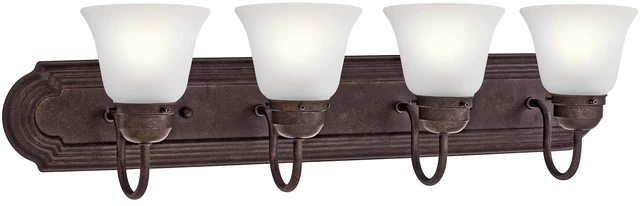 Alt view image 3 of 7 - 4-Light Bathroom Vanity Light, Tannery Bronze Traditional vanity light with satin etched glass for bathroom mirrors (30" x 8" x 8"), 5338TZS