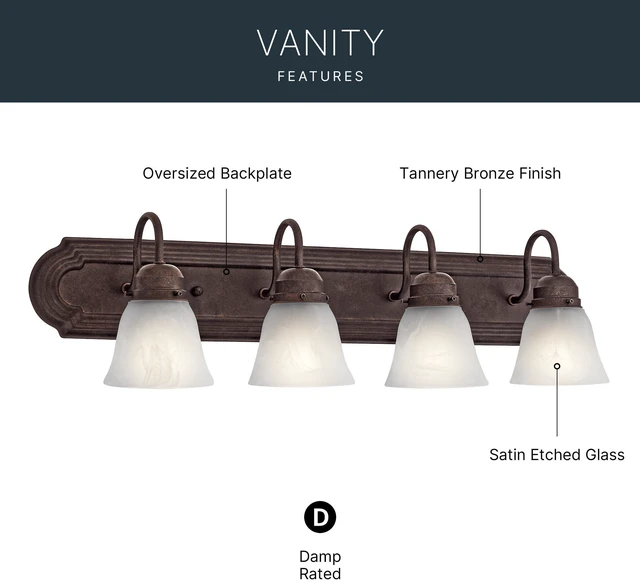 Alt view image 4 of 7 - 4-Light Bathroom Vanity Light, Tannery Bronze Traditional vanity light with satin etched glass for bathroom mirrors (30" x 8" x 8"), 5338TZS