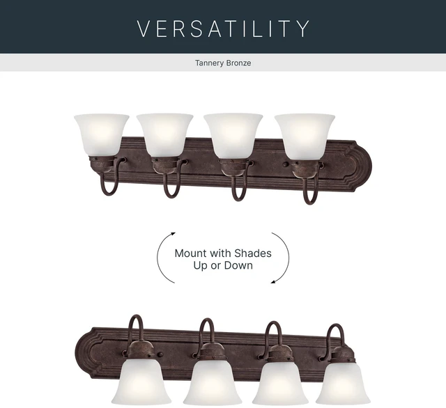 Alt view image 5 of 7 - 4-Light Bathroom Vanity Light, Tannery Bronze Traditional vanity light with satin etched glass for bathroom mirrors (30" x 8" x 8"), 5338TZS