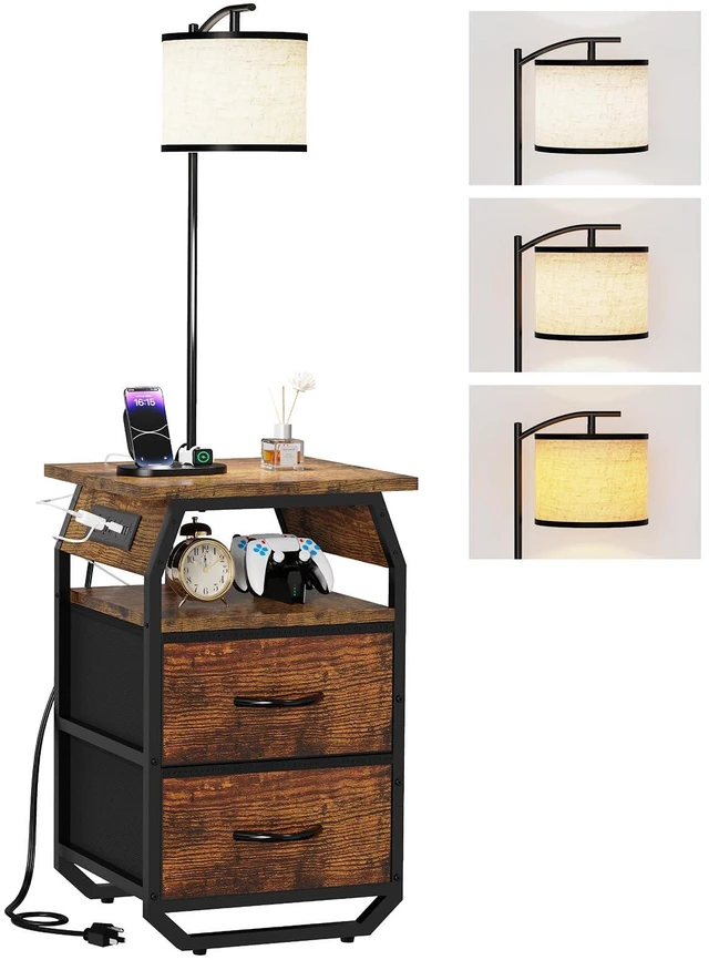 Main image of Floor Lamp with Table, End Table with Light and Charging, Rustic 3-Color Temperature Bulb, Type-C USB Port & Power Outlets, Fabric Drawers, Lamp Table Combo for Living Room Bedroom Dorm