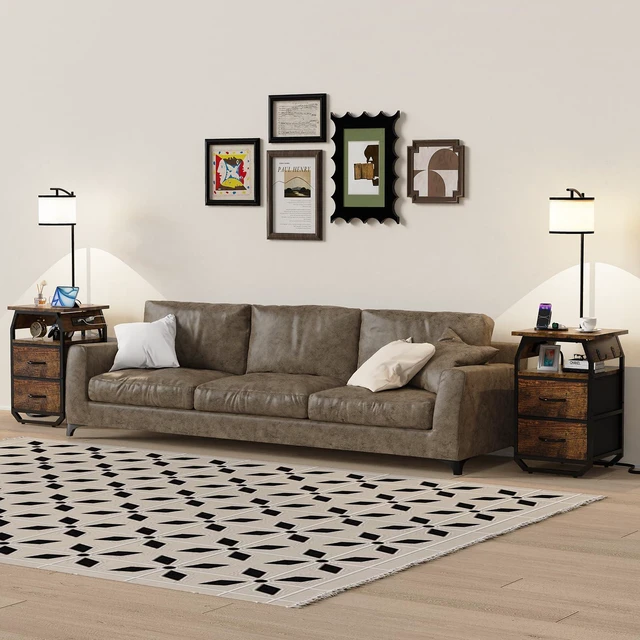 Alt view image 7 of 7 - Floor Lamp with Table, End Table with Light and Charging, Rustic 3-Color Temperature Bulb, Type-C USB Port & Power Outlets, Fabric Drawers, Lamp Table Combo for Living Room Bedroom Dorm