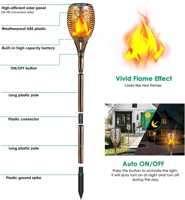 Alt view image 2 of 7 - Flickering Flame Solar Torch Lights Outdoor, 43" Tall, 4 Pack Realistic Flame Effect, Charges in 6-8 Hours, 10-12-Hour Runtime, IP65 Waterproof, Auto On/Off for Yard, Patio and Garden