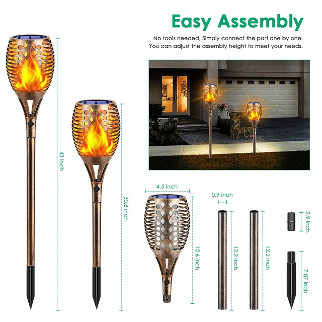 Alt view image 3 of 7 - Flickering Flame Solar Torch Lights Outdoor, 43" Tall, 4 Pack Realistic Flame Effect, Charges in 6-8 Hours, 10-12-Hour Runtime, IP65 Waterproof, Auto On/Off for Yard, Patio and Garden