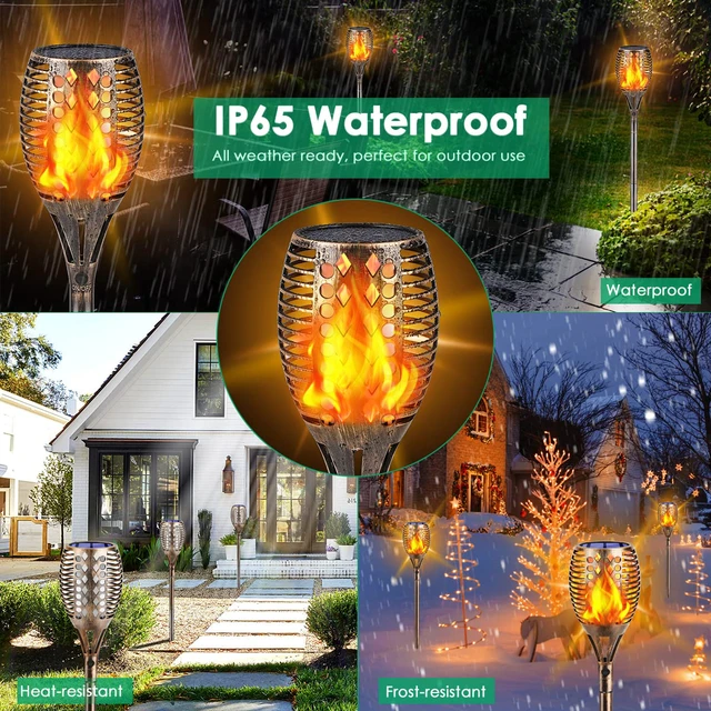 Alt view image 4 of 7 - Flickering Flame Solar Torch Lights Outdoor, 43" Tall, 4 Pack Realistic Flame Effect, Charges in 6-8 Hours, 10-12-Hour Runtime, IP65 Waterproof, Auto On/Off for Yard, Patio and Garden