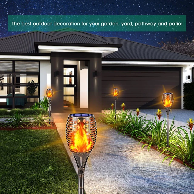 Alt view image 5 of 7 - Flickering Flame Solar Torch Lights Outdoor, 43" Tall, 4 Pack Realistic Flame Effect, Charges in 6-8 Hours, 10-12-Hour Runtime, IP65 Waterproof, Auto On/Off for Yard, Patio and Garden