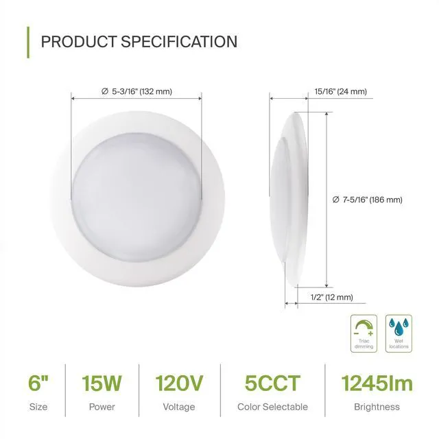 Alt view image 2 of 7 - 12 Pack LED Disk Lights 6 Inch, 5CCT Flush Mount Ceiling Light Fixture 15W 2700K-5000K 1245LM Dimmable Surface Mount Disk Light, 6 Inch LED Ceiling Light, Low Profile Disc Lights, UL Energy Star