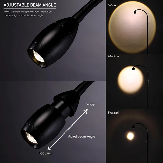 Alt view image 3 of 7 - OBright Ray Adjustable LED Beam Floor Lamp, Dimmable and Zoomable Spotlight, Flexible Gooseneck, Reading/Crafting Standing Lamp, Work Table Light, Matte Black