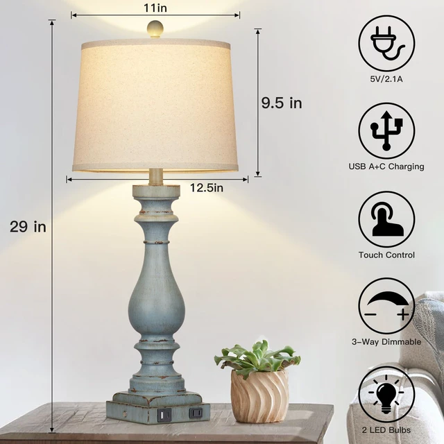Alt view image 2 of 6 - 29" Tall Table Lamp for Living Room Set of 2,Coastal Bedside Nightstand Lamps with USB C+A Ports & AC Outlet,3-Way Dimmable Touch Control Retro Blue Desk Lamp for Bedroom,Color 3