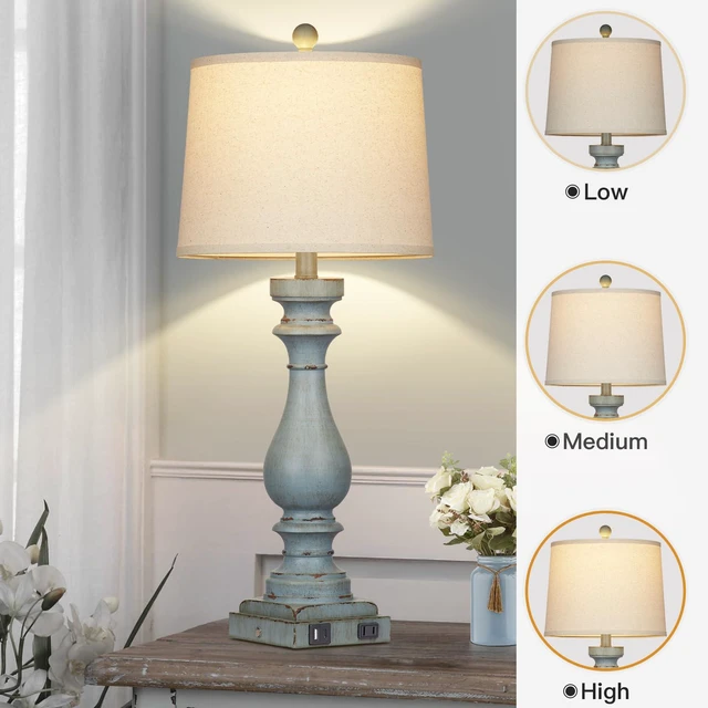 Alt view image 3 of 6 - 29" Tall Table Lamp for Living Room Set of 2,Coastal Bedside Nightstand Lamps with USB C+A Ports & AC Outlet,3-Way Dimmable Touch Control Retro Blue Desk Lamp for Bedroom,Color 3