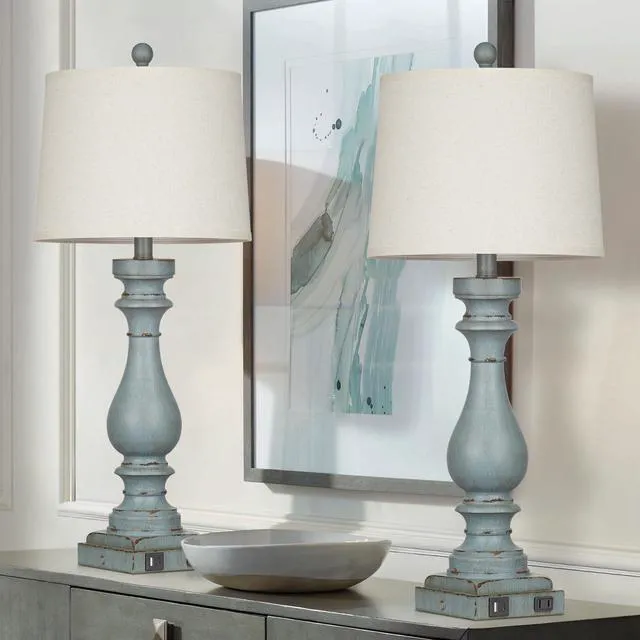 Alt view image 6 of 6 - 29" Tall Table Lamp for Living Room Set of 2,Coastal Bedside Nightstand Lamps with USB C+A Ports & AC Outlet,3-Way Dimmable Touch Control Retro Blue Desk Lamp for Bedroom,Color 3