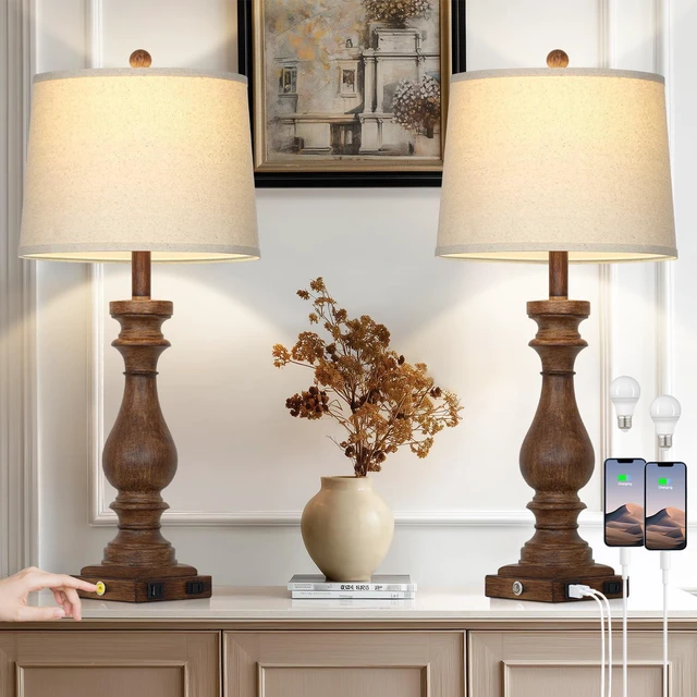 Main image of 29" Tall Farmhouse Table Lamp for Living Room Set of 2,Vintage Retro Nightstand Lamps with USB C+A Ports & AC Outlet,3-Way Dimmable Touch Bedside Lamp for Bedroom Side Table,Brown