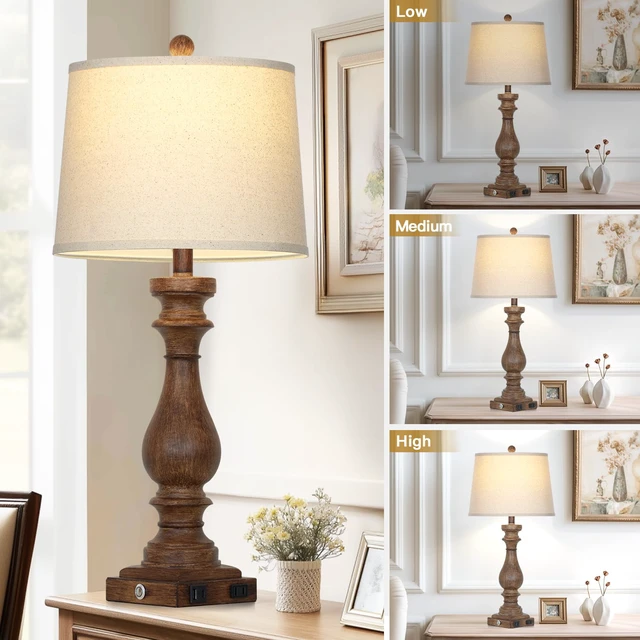 Alt view image 4 of 7 - 29" Tall Farmhouse Table Lamp for Living Room Set of 2,Vintage Retro Nightstand Lamps with USB C+A Ports & AC Outlet,3-Way Dimmable Touch Bedside Lamp for Bedroom Side Table,Brown