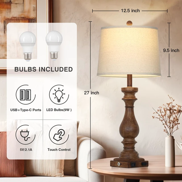 Alt view image 2 of 7 - 29" Tall Farmhouse Table Lamp for Living Room Set of 2,Vintage Retro Nightstand Lamps with USB C+A Ports & AC Outlet,3-Way Dimmable Touch Bedside Lamp for Bedroom Side Table,Brown