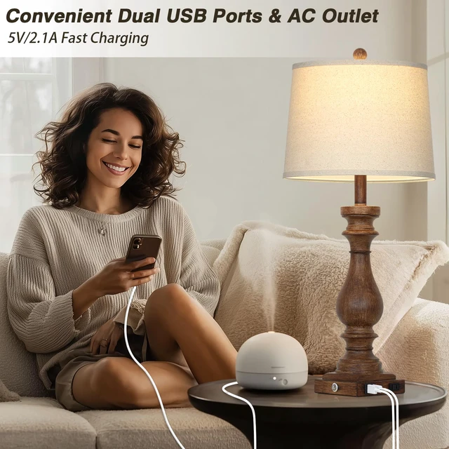 Alt view image 3 of 7 - 29" Tall Farmhouse Table Lamp for Living Room Set of 2,Vintage Retro Nightstand Lamps with USB C+A Ports & AC Outlet,3-Way Dimmable Touch Bedside Lamp for Bedroom Side Table,Brown