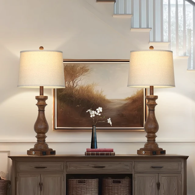 Alt view image 7 of 7 - 29" Tall Farmhouse Table Lamp for Living Room Set of 2,Vintage Retro Nightstand Lamps with USB C+A Ports & AC Outlet,3-Way Dimmable Touch Bedside Lamp for Bedroom Side Table,Brown
