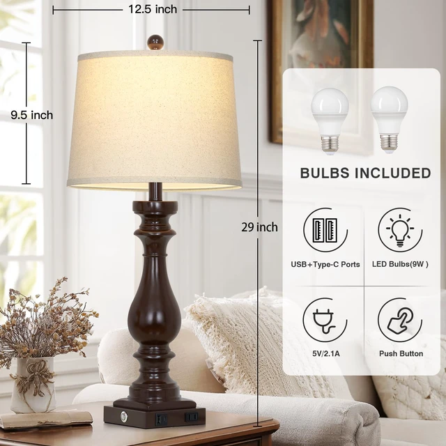 Alt view image 2 of 7 - 29" Tall Farmhouse Table Lamp for Living Room Set of 2,Vintage Retro Nightstand Lamps with USB C+A Ports & AC Outlet,3-Way Dimmable Touch Bedside Lamp for Bedroom Side Table,Dark Brown