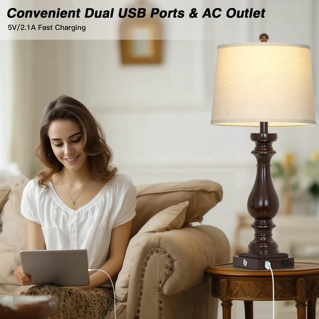 Alt view image 3 of 7 - 29" Tall Farmhouse Table Lamp for Living Room Set of 2,Vintage Retro Nightstand Lamps with USB C+A Ports & AC Outlet,3-Way Dimmable Touch Bedside Lamp for Bedroom Side Table,Dark Brown