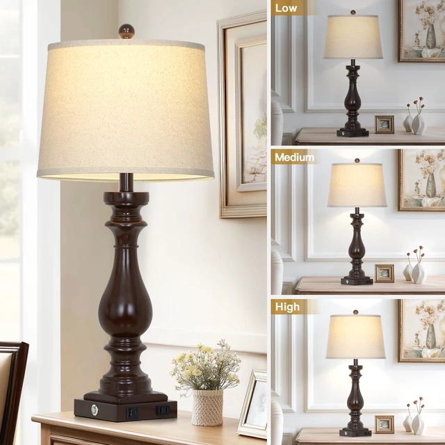 Alt view image 4 of 7 - 29" Tall Farmhouse Table Lamp for Living Room Set of 2,Vintage Retro Nightstand Lamps with USB C+A Ports & AC Outlet,3-Way Dimmable Touch Bedside Lamp for Bedroom Side Table,Dark Brown