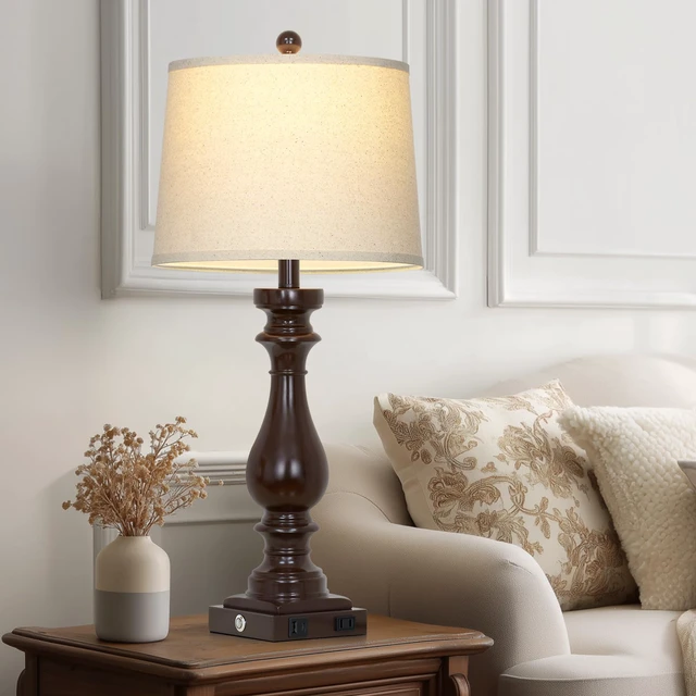 Alt view image 6 of 7 - 29" Tall Farmhouse Table Lamp for Living Room Set of 2,Vintage Retro Nightstand Lamps with USB C+A Ports & AC Outlet,3-Way Dimmable Touch Bedside Lamp for Bedroom Side Table,Dark Brown