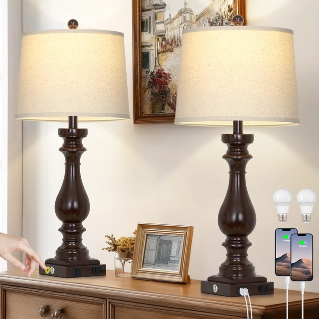Alt view image 7 of 7 - 29" Tall Farmhouse Table Lamp for Living Room Set of 2,Vintage Retro Nightstand Lamps with USB C+A Ports & AC Outlet,3-Way Dimmable Touch Bedside Lamp for Bedroom Side Table,Dark Brown