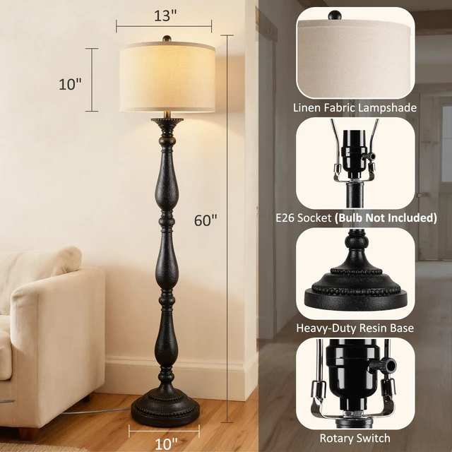 Alt view image 2 of 7 - Vintage Floor Lamp for Living Room, Rustic Farmhouse Standing Lamp with Rotary Switch and Linen Shade, Retro Resin Floor Lamp for Bedroom, Corner, Dining Room, House Decor, Black