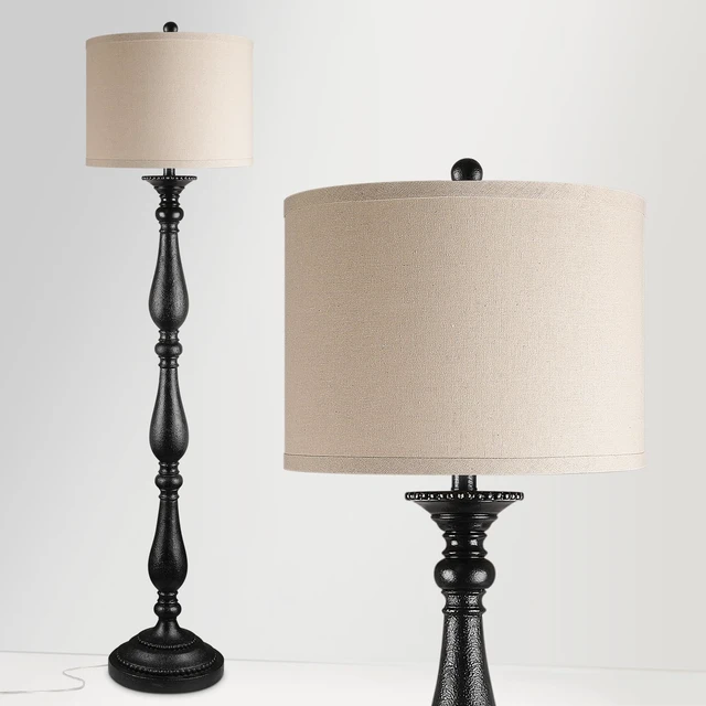 Alt view image 3 of 7 - Vintage Floor Lamp for Living Room, Rustic Farmhouse Standing Lamp with Rotary Switch and Linen Shade, Retro Resin Floor Lamp for Bedroom, Corner, Dining Room, House Decor, Black