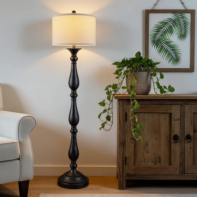 Alt view image 4 of 7 - Vintage Floor Lamp for Living Room, Rustic Farmhouse Standing Lamp with Rotary Switch and Linen Shade, Retro Resin Floor Lamp for Bedroom, Corner, Dining Room, House Decor, Black