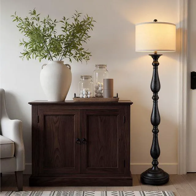 Alt view image 5 of 7 - Vintage Floor Lamp for Living Room, Rustic Farmhouse Standing Lamp with Rotary Switch and Linen Shade, Retro Resin Floor Lamp for Bedroom, Corner, Dining Room, House Decor, Black