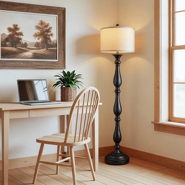 Alt view image 7 of 7 - Vintage Floor Lamp for Living Room, Rustic Farmhouse Standing Lamp with Rotary Switch and Linen Shade, Retro Resin Floor Lamp for Bedroom, Corner, Dining Room, House Decor, Black