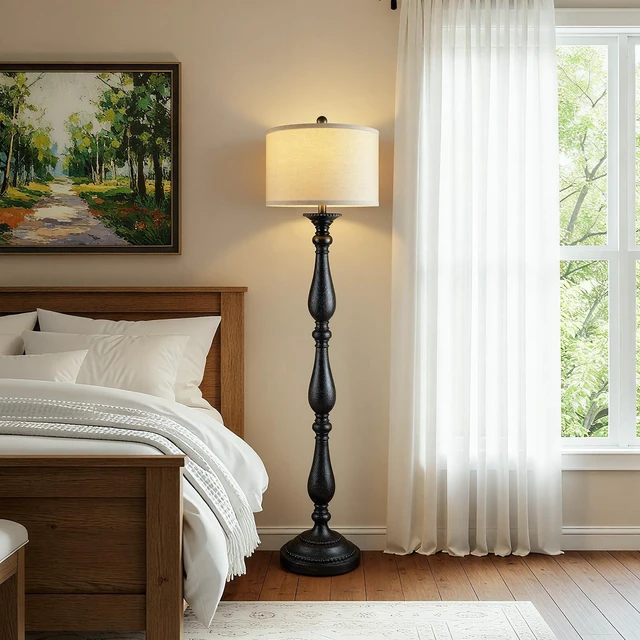 Alt view image 6 of 7 - Vintage Floor Lamp for Living Room, Rustic Farmhouse Standing Lamp with Rotary Switch and Linen Shade, Retro Resin Floor Lamp for Bedroom, Corner, Dining Room, House Decor, Black