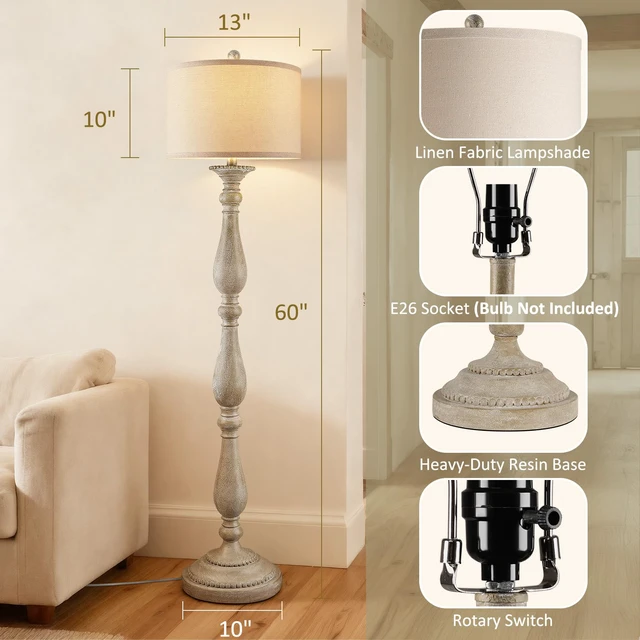 Alt view image 2 of 7 - Vintage Floor Lamp for Living Room, Rustic Farmhouse Standing Lamp with Rotary Switch and Linen Shade, Retro Resin Floor Lamp for Bedroom, Corner, Dining Room, House Decor, Grey