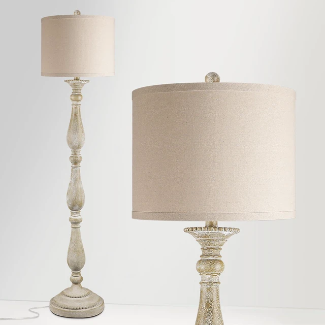 Alt view image 3 of 7 - Vintage Floor Lamp for Living Room, Rustic Farmhouse Standing Lamp with Rotary Switch and Linen Shade, Retro Resin Floor Lamp for Bedroom, Corner, Dining Room, House Decor, Grey
