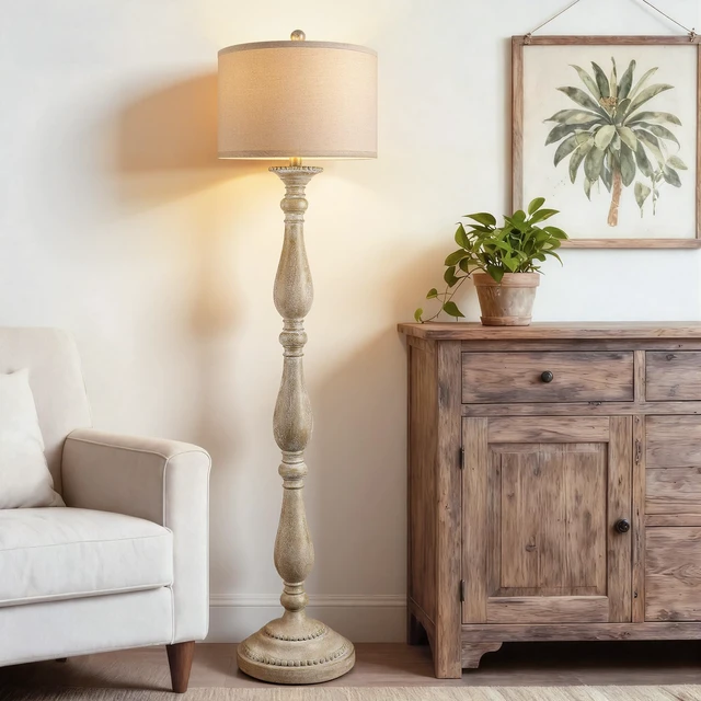 Alt view image 4 of 7 - Vintage Floor Lamp for Living Room, Rustic Farmhouse Standing Lamp with Rotary Switch and Linen Shade, Retro Resin Floor Lamp for Bedroom, Corner, Dining Room, House Decor, Grey